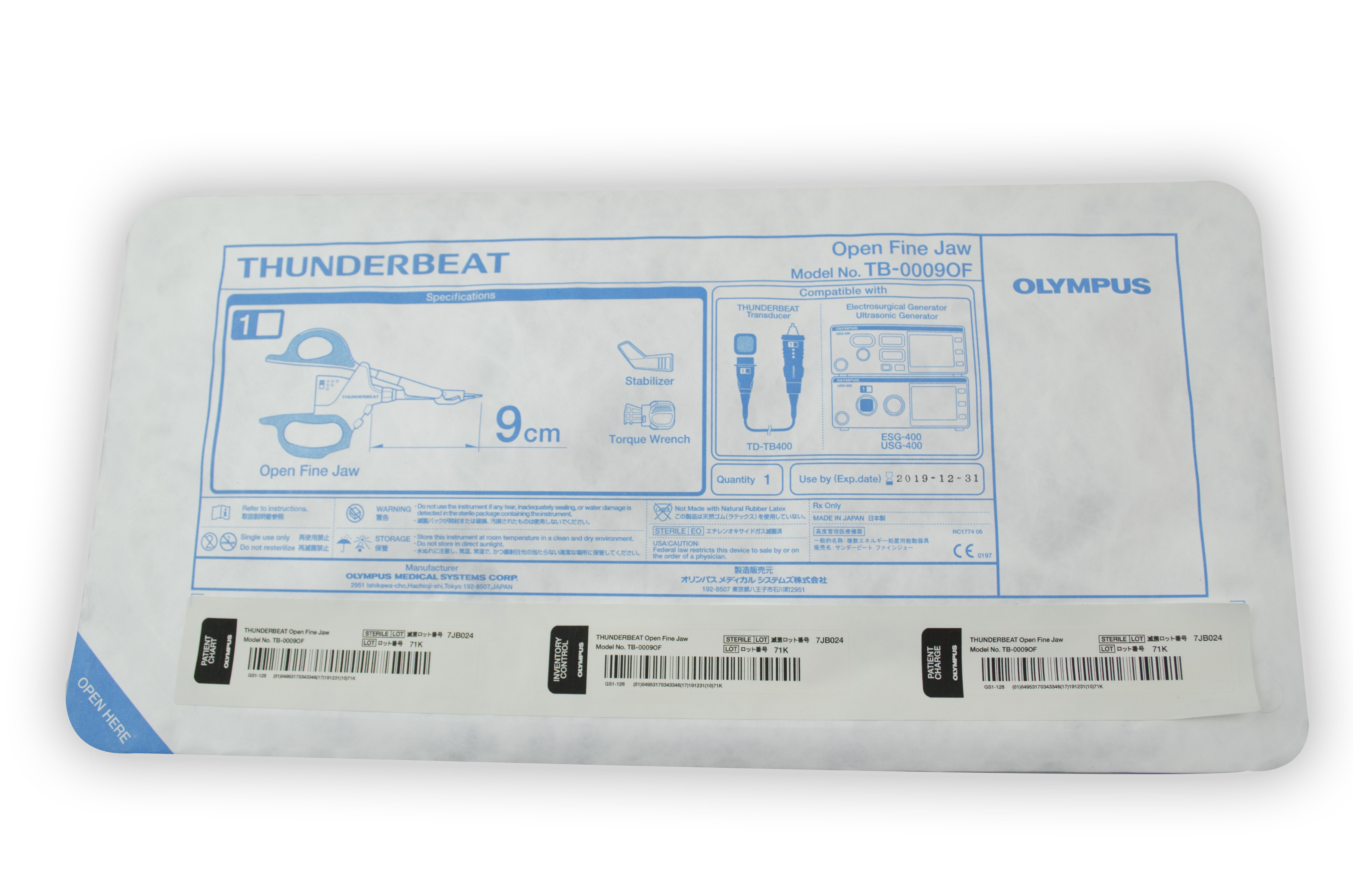 [Out-of-Date] Olympus Disposable THUNDERBEAT Handpiece (Open Fine Jaw, 0 mm, 9 cm) - TB-0009OF: For EPF-1 Platform (Original Packaging)