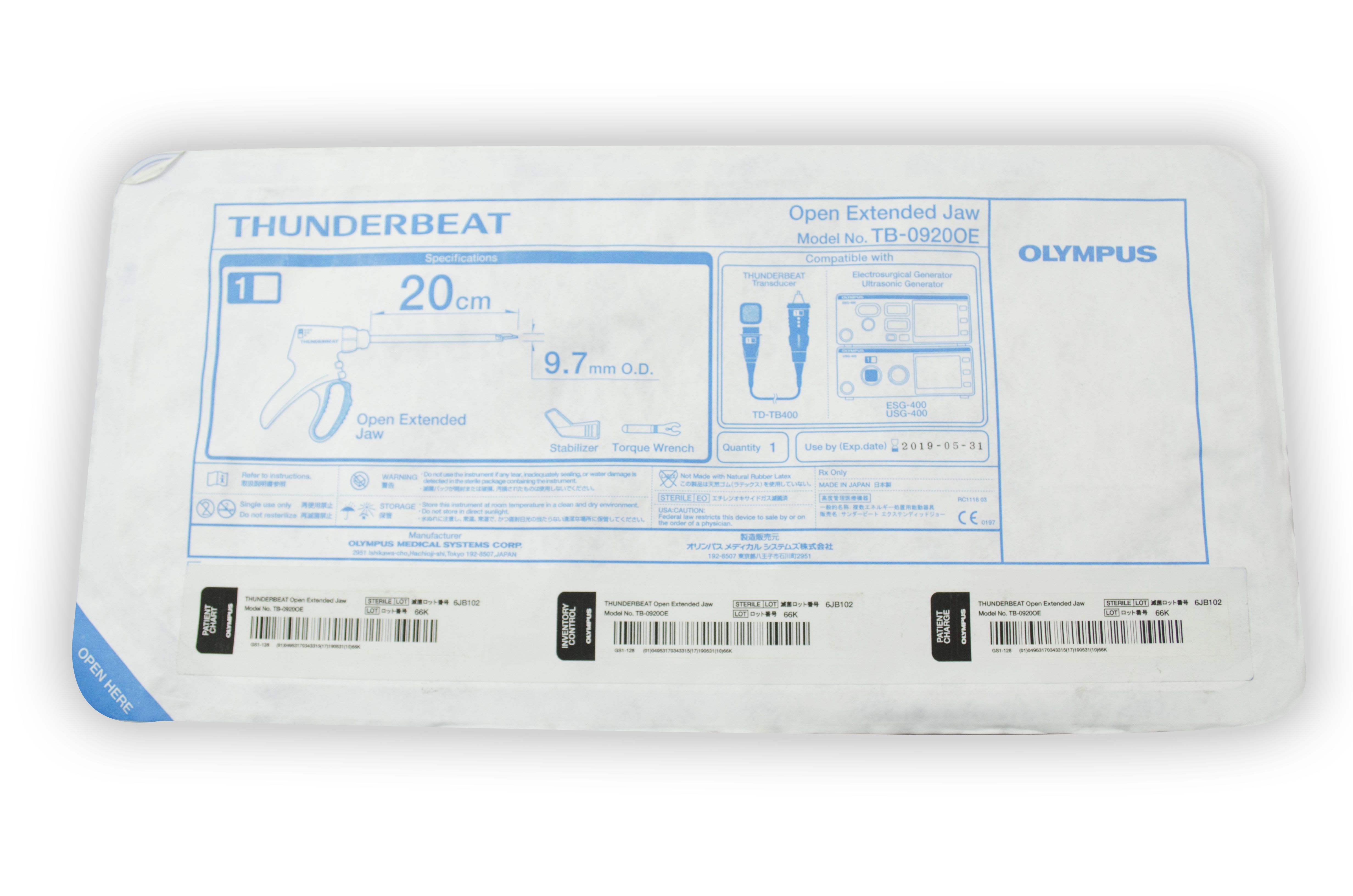 [Out-of-Date] Olympus Disposable THUNDERBEAT Handpiece (Open Extended Jaw, 9 mm, 20 cm) - TB-0920OE: For EPF-1 Platform (Original Packaging)