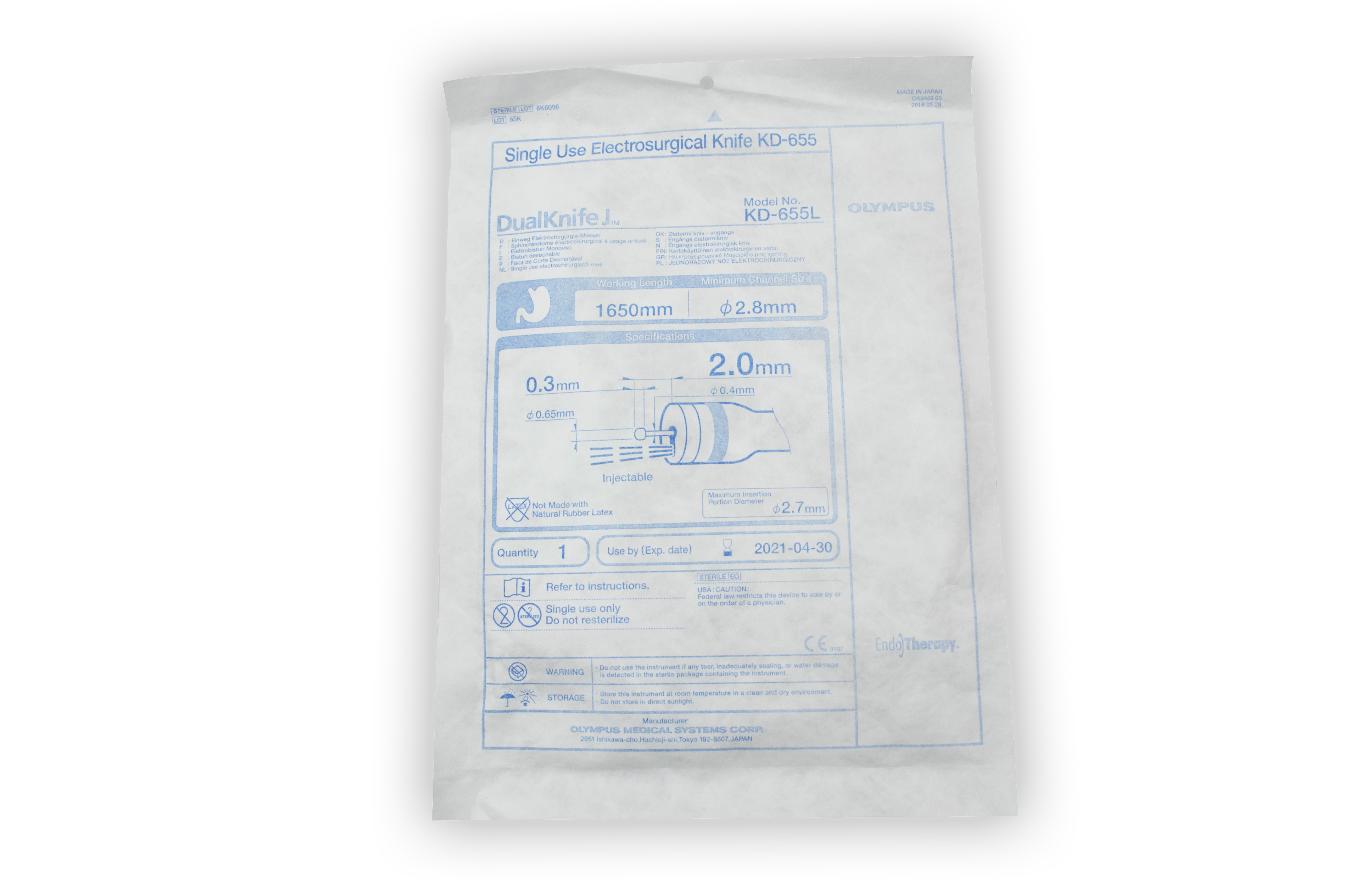 [In-Date] Olympus Disposable Sphincterotome (1650 mm x 2.8 mm) - KD-655L (Original Packaging)