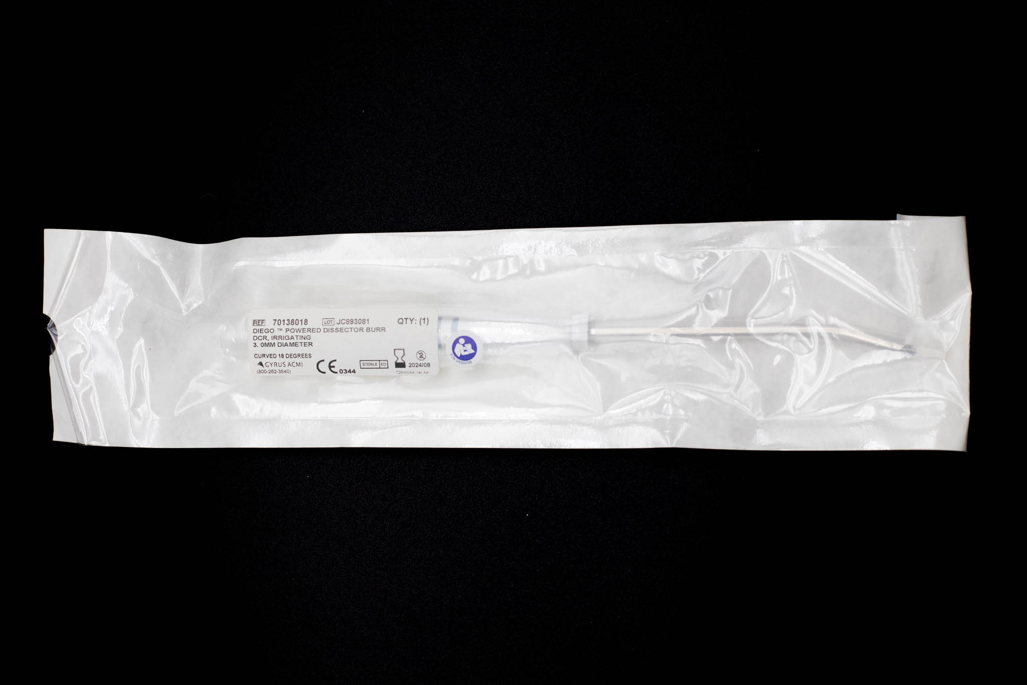 Disposable Diego Powered Dissector Burr, DCR, Irrigating, 3mm Dia, Curved 18deg - 70138018 [1/Bag]